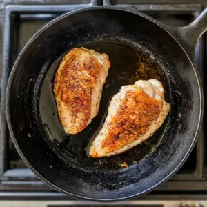two golden-brown, pan-seared chicken section