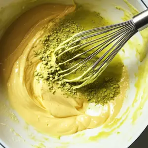 vibrant green matcha powder being whisked