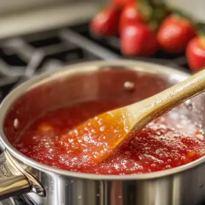 vibrant red pureed strawberries simmering gently