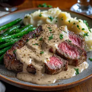 Creamy Peppercorn Crusted Steak with Savory Pan sauce