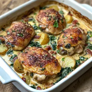 Creamy Tuscan Chicken Thighs with Herbed potatoes