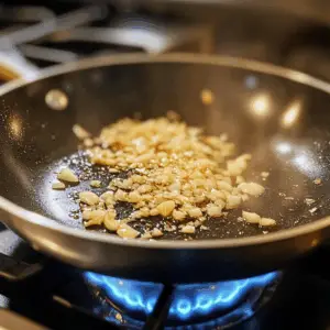 Freshly minced garlic and grated ginger are scattered in the oil