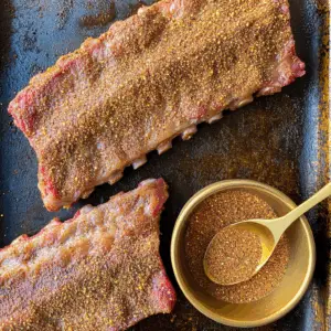 One rack is generously coated with a coarse dry spice rub