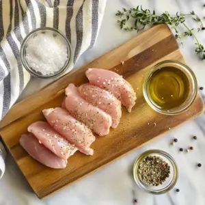 Raw pink colored chicken white meat laid out on a wooden board