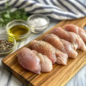 Raw pink colored chicken white meat laid out on a wooden board