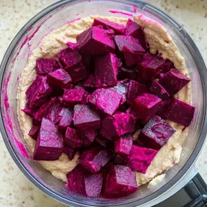 beet chunks contrast strikingly with the creamy hummus mixture