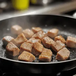 boneless, skinless chicken white meat being seared in a lightly oiled skillet