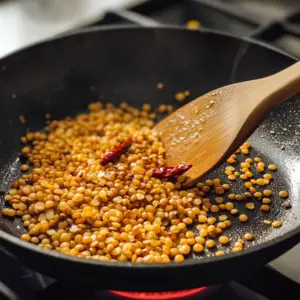 chana dal and urad dal being roasted in a small amount of oil