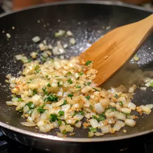 chopped onion, minced garlic, grated ginger, and finely chopped green chili sizzling in hot oil