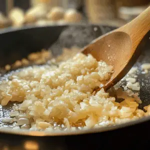 chopped onions being cooked in oil until translucent
