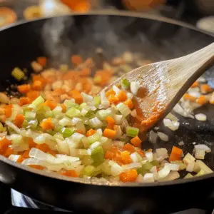 chopped onions, diced carrots, and celery are being sautéed