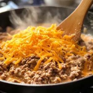 cooked ground beef being mixed with refried beans and shredded cheddar cheese
