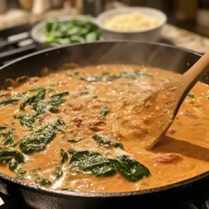 creamy Tuscan-style sauce simmering in a large cast iron skillet on a stovetop