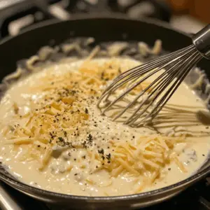 creamy cheese sauce being whisked
