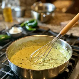 creamy green chile sauce being stirred