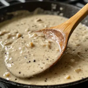 creamy peppercorn sauce simmering in a large, round, deep cast iron skillet