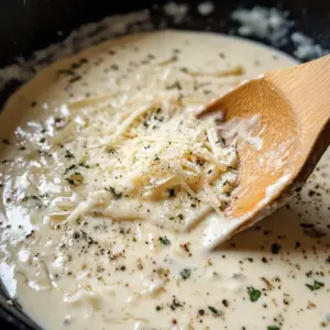 creamy sauce being prepared in a skillet with sautéed garlic and herbs, starting to simmer