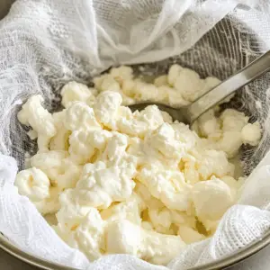 curds are soft and slightly lumpy, resting gently in the center of the cloth