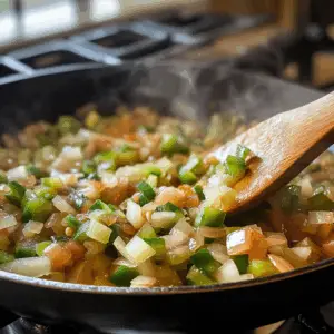 diced yellow onion and green bell pepper sizzling in olive oil