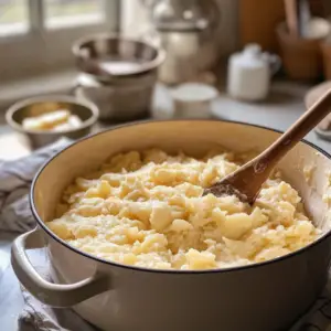 fluffy mixture of instant potato flakes and boiling water