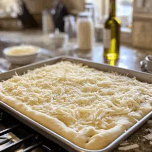 focaccia dough is pressed into the bottom of the pan