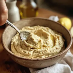 food processor into a shallow, rustic ceramic bowl