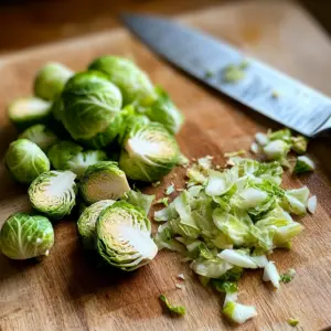 fresh Brussels sprouts being prepared on a wooden cutting board
