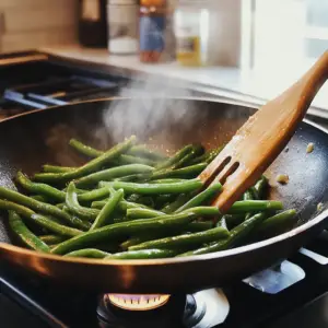 fresh green beans being sautéed in hot oil