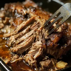 freshly roasted pork shoulder resting in a roasting pan, its surface dark and caramelized