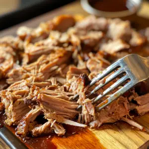 fully cooked pulled pork on a wooden board