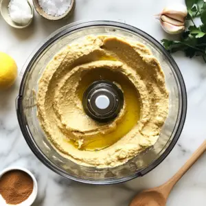 golden hummus in the process of being pureed