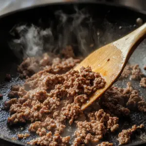 ground beef being browned over medium heat