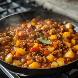 ground turkey, diced golden potatoes, sautéed onions and peppers, and a rich tomato-based sauce