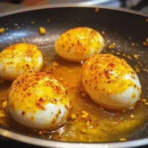 hard-boiled eggs being shallow fried