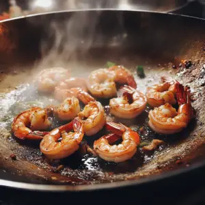 hot wok with shrimp sizzling in a thin layer of vegetable oil