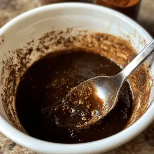 mixing bowl filled with a rich, dark glaze mixture