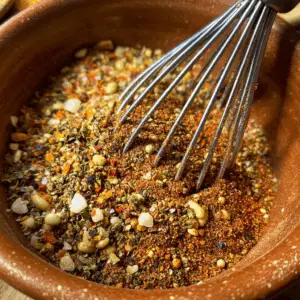 mixing bowl filled with a vibrant, coarse spice blend