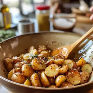 mixing bowl filled with halved baby gold potatoes