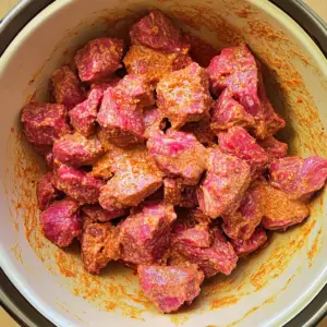 mixing bowl filled with pink colored raw beef chunks
