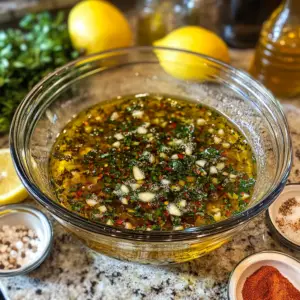mixing bowl on a kitchen counter filled with a vibrant marinade