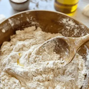 mixing bowl with ingredients mid-combine flour, olive oil, and salt being stirred together