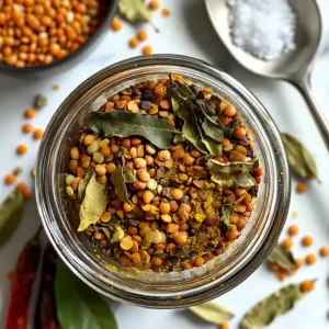 mixture of roasted lentils, curry leaves, red chilies, and whole spices, ready to be ground