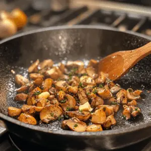 mushrooms are being sautéed in a mixture of melted butter and olive oil