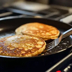non-stick skillet on a stovetop with two pancakes cooking