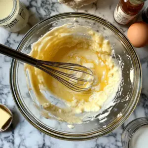 pale yellow mixture is being whisked together