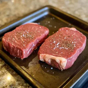raw boneless ribeye steaks resting on a dark metal baking sheet