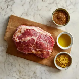 raw pork shoulder resting on a wooden cutting board