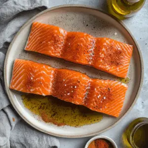 raw salmon fillets being prepped on a plate