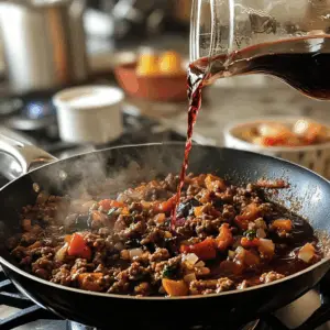 red wine is being poured in from a glass measuring cup