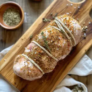 rolled and tied raw turkey white on a wooden board